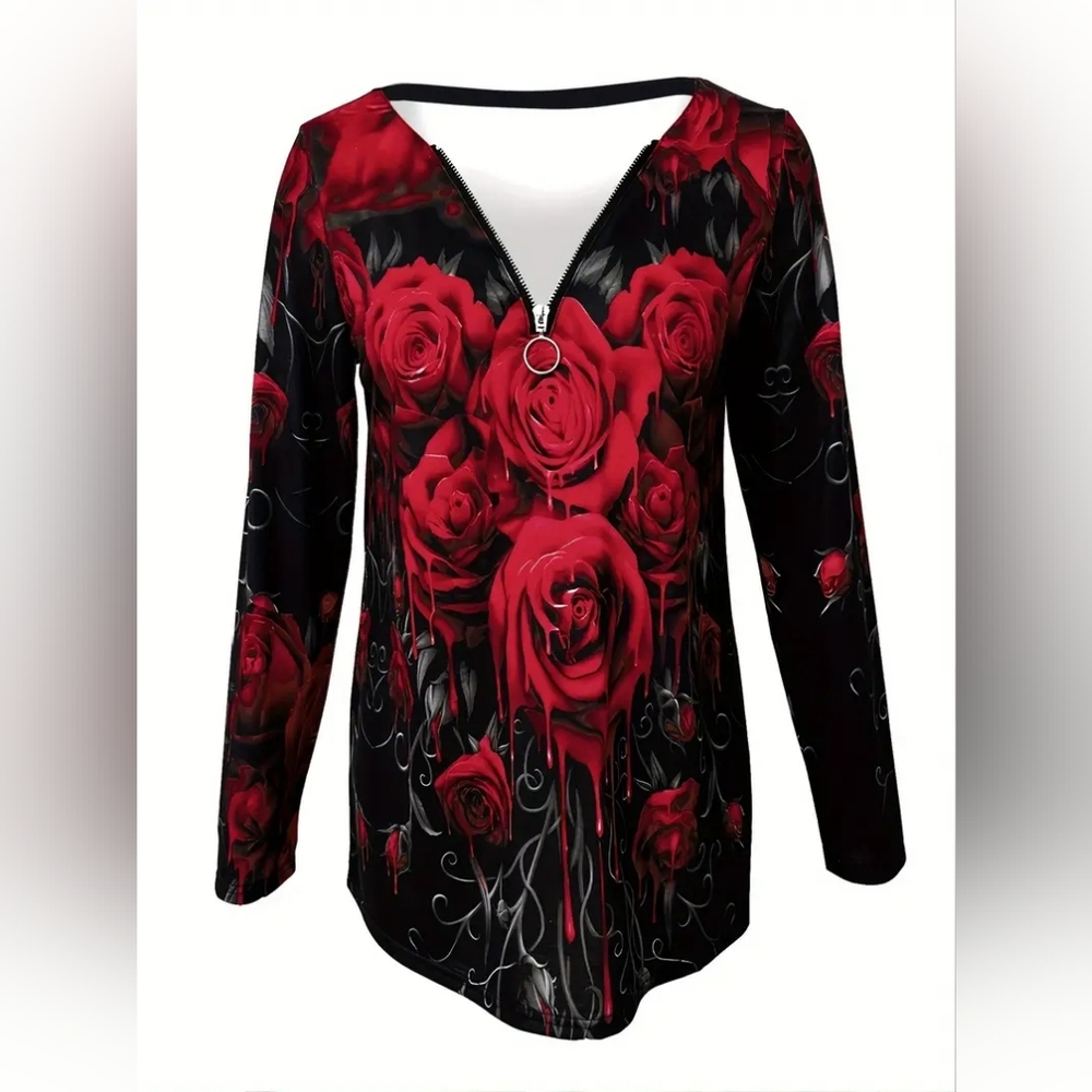 Women's Red Rose Print Zipper Top